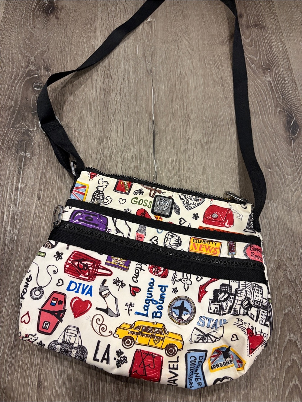 Brighton Cream Crossbody with Colorful Travel Graphic Print